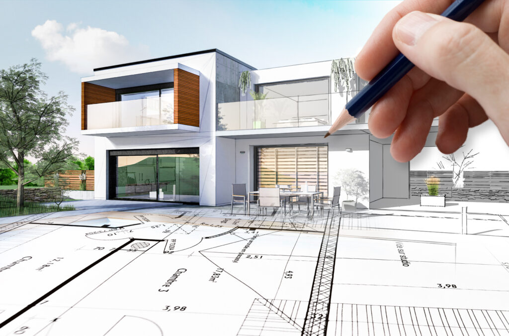 Esquisse 3D D'une Maison Moderne D'architecte Avec Plan De Conception