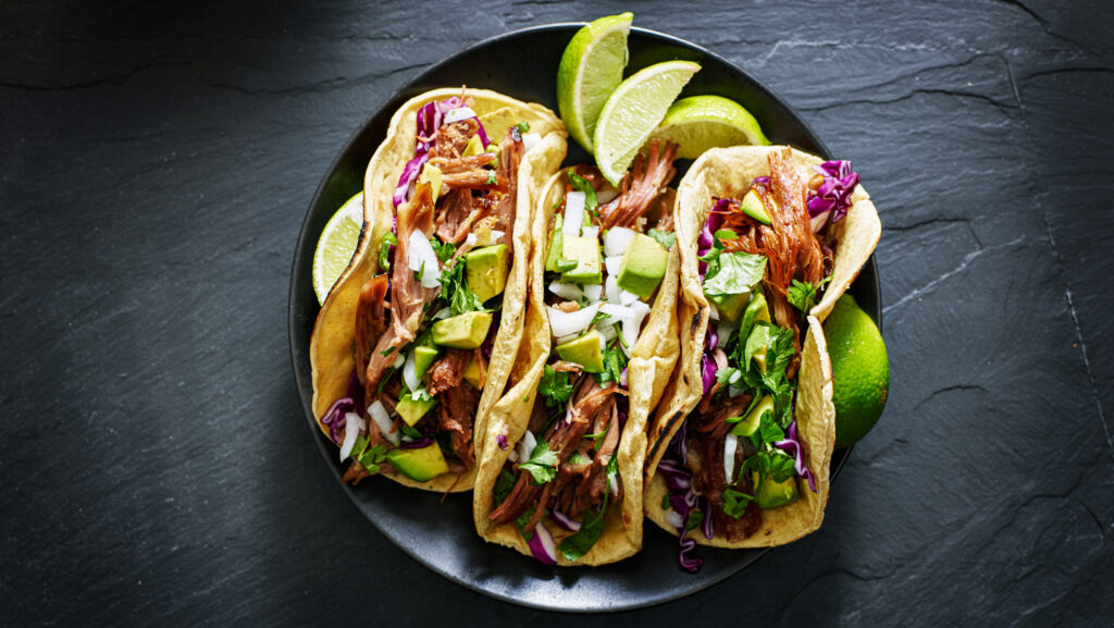 Mexican Street Tacos Flat Lay Composition With Pork Carnitas, Av