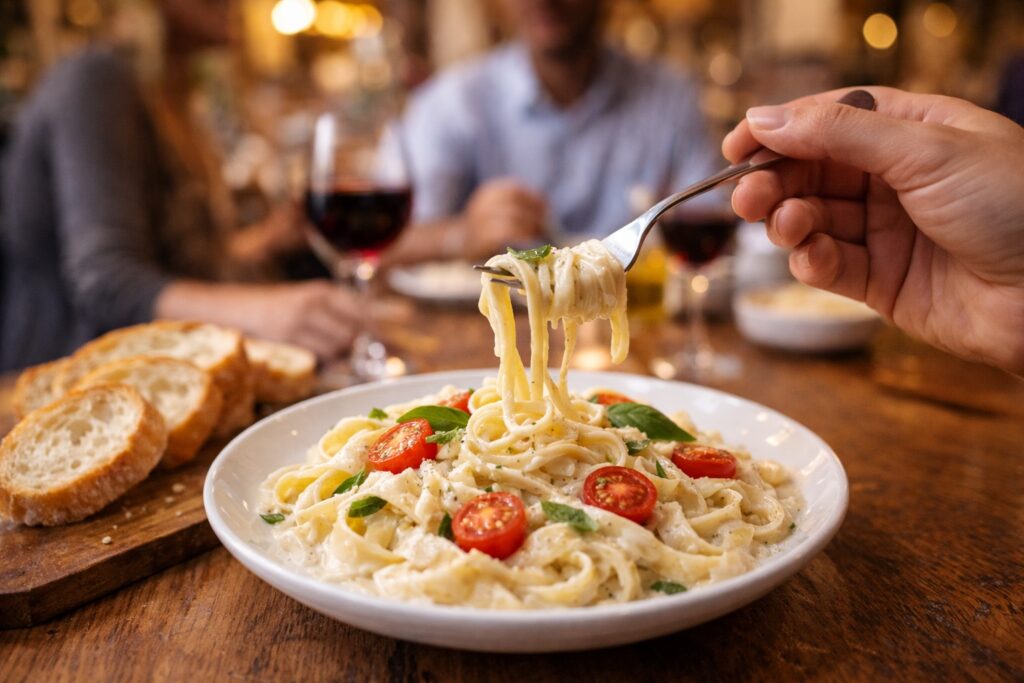Twirling Fettuccine With Fresh Garnishes