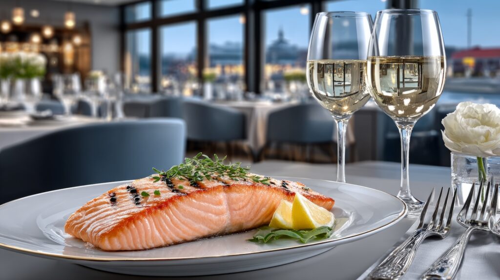 Dining Experience Featuring Salmon Dish And Wine At A Waterfront Restaurant During Dinner Service