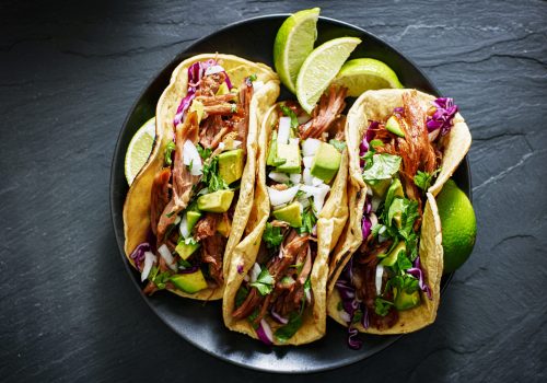 Mexican Street Tacos Flat Lay Composition With Pork Carnitas, Av