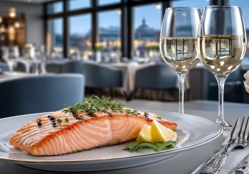 Dining Experience Featuring Salmon Dish And Wine At A Waterfront Restaurant During Dinner Service